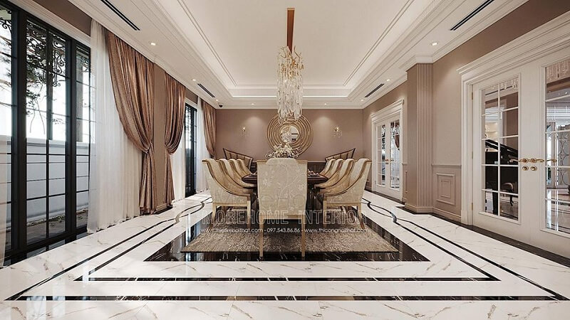 Thiết kế phòng ăn biệt thự đẹp với bộ bàn ăn cao cấp tạo điểm nhấn nổi bật, cuốn hút mọi ánh nhìn Thiết kế phòng ăn biệt thự