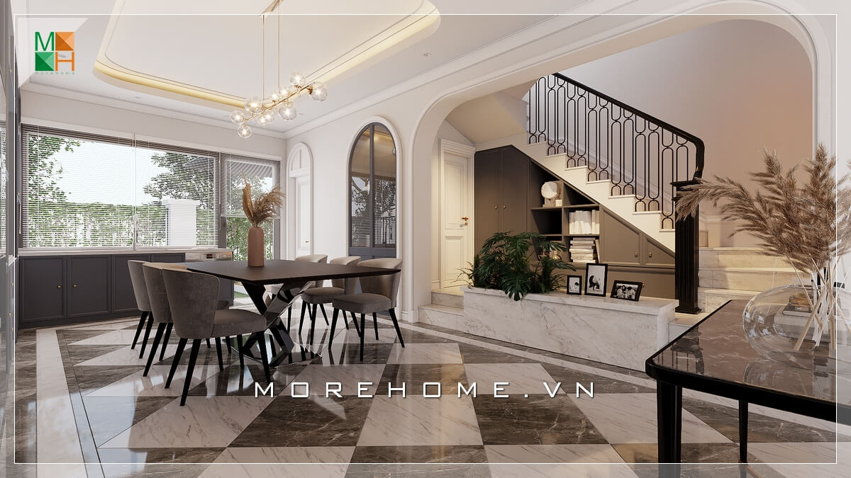 Hiện nay việc bố trí phòng ăn không gian mở rất được ưa chuộng, giúp cho không gian phòng được mở rộng thoáng đãng hơn và những bữa ăn sẽ trở nên vui vẻ, hứng khởi hơn nhờ nguồn năng lượng từ ánh sáng thiên nhiên Thiết kế phòng ăn biệt thự