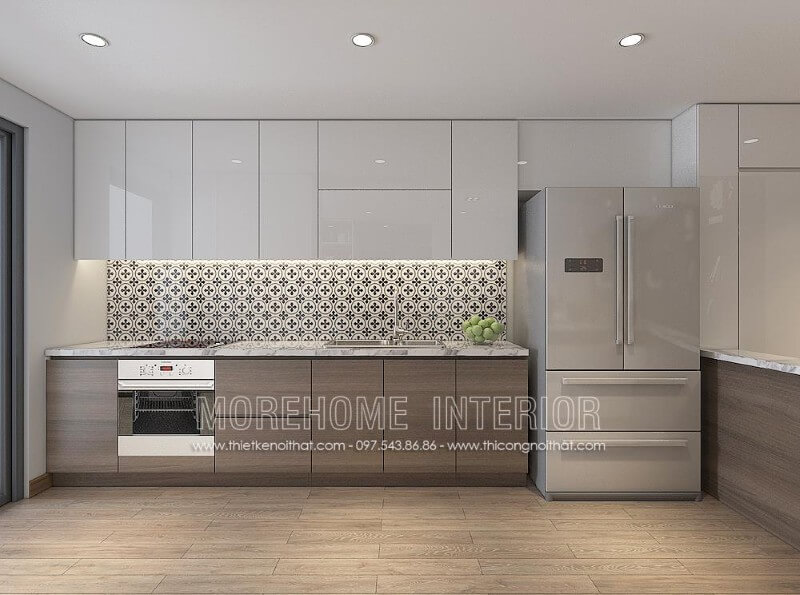 Mẫu tủ bếp chung cư lạ mắt, phần mặt tường được ốp gạch hoa văn tạo điểm nhấn ấn tượng cho cả căn phòng Tủ bếp gỗ, tủ bếp gỗ tự nhiên, tủ bếp tân cổ điển