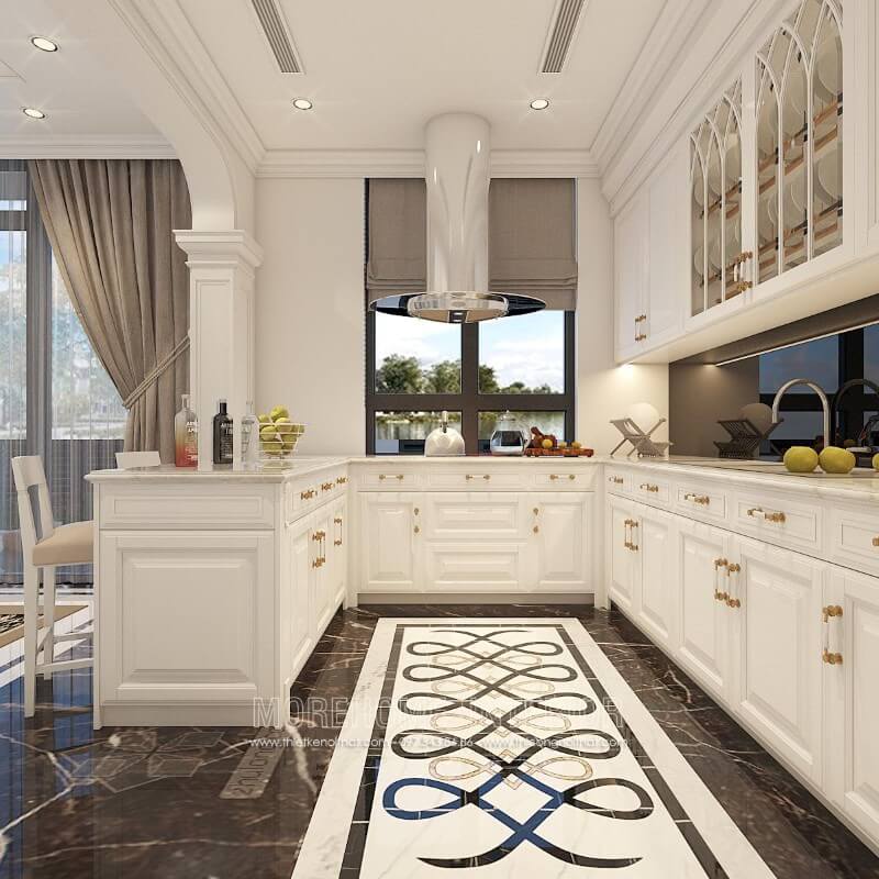 Tủ bếp phong cách tân cổ điển lạ mắt với những đường cong hay những họa tiết chạm trổ tinh tế tạo nên không gian nấu nướng sang trọng đồng thời thể hiện được gu thẩm mỹ của gia chủ Tủ bếp gỗ, tủ bếp gỗ tự nhiên, tủ bếp tân cổ điển