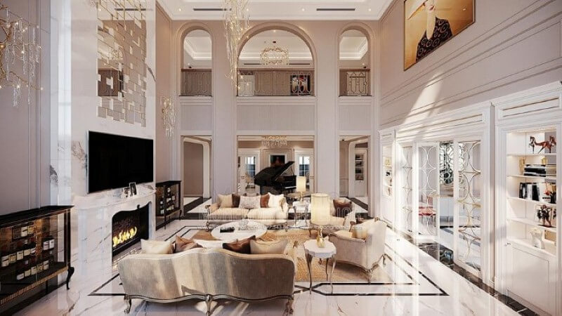 Bố trí nội thất biệt thự Vinhomes Imperia Hải Phòng ấn tượng với phòng khách thông tầng đẹp, sang trọng. Thiết kế phòng khách biệt thự