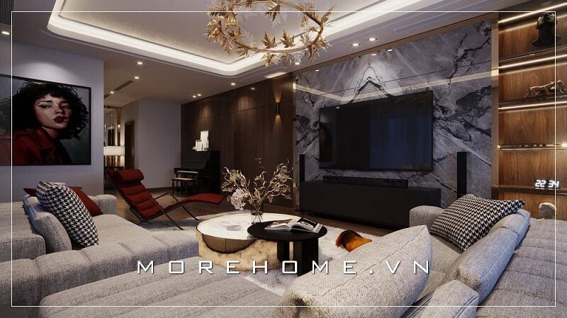 Mẫu thiết kế nội thất phòng khách hiện đại với tông màu xám chủ đạo được yêu thích tại MoreHome Thiết kế phòng ngủ biệt thự