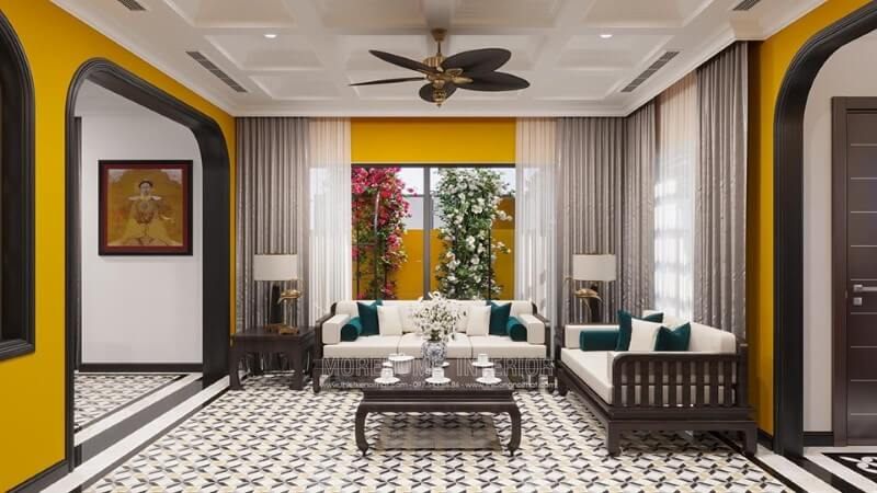 Mẫu bàn trà gỗ tần bì màu nâu trầm bóng mịn kết hợp bộ ghế gỗ đồng màu mang đến vẻ đẹp sang trọng cho phòng khách