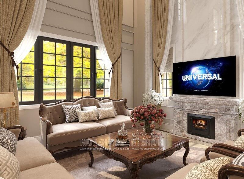 Thiết kế bàn trà gỗ óc chó đẹp luôn là điểm nhấn ấn tượng cho phòng khách tân cổ điển với đường tinh tế, họa tiết sắc nét không bị mai một theo thời gian.