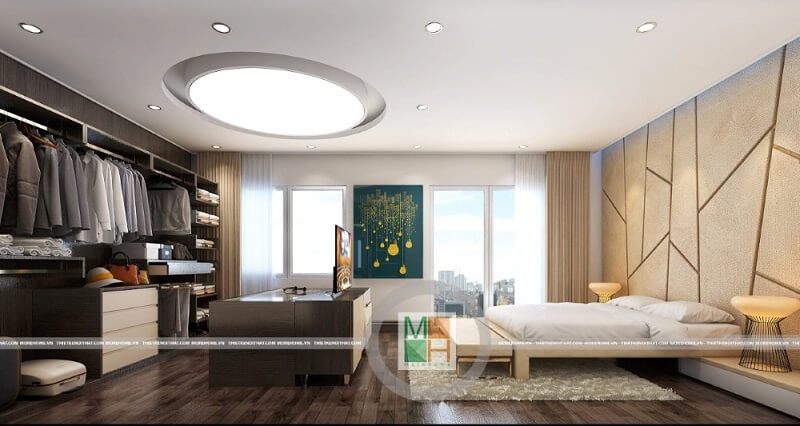 Mẫu thiết kế phòng ngủ chung cư đẹp sử dụng đồ nội thất gỗ hiện đại với cách bố trí hợp lí, tinh tế mang đến vẻ đẹp vẻ đẹp sang trọng và đẳng cấp.