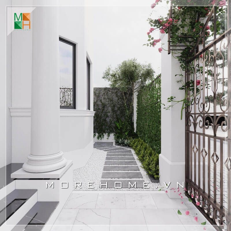 Ý tưởng thiết kế lối đi hông nhà biệt thự, nhà phố với nhiều hoa và cây xanh gây cảm giác thân thiện và gần gũi với thiên nhiên.