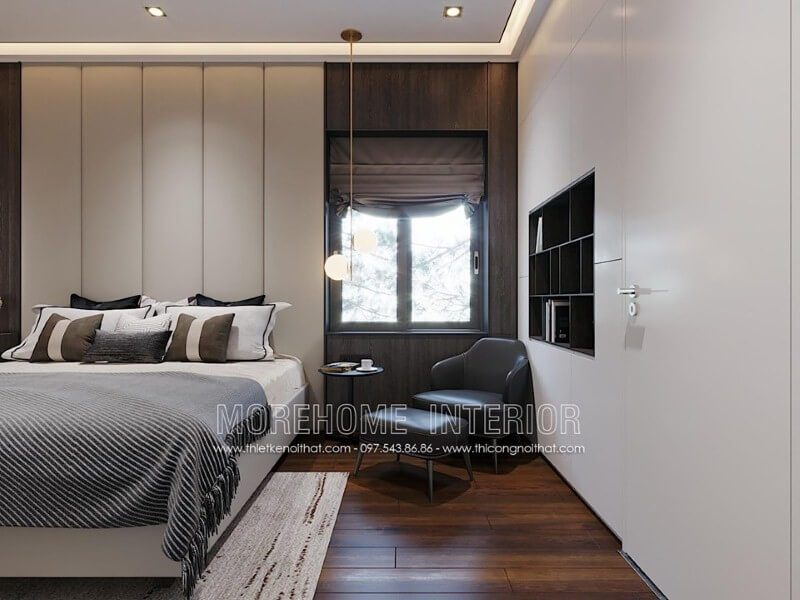 Cửa thông phòng sơn trắng kết hợp tay nắm hiện đại tạo vẻ đẹp liền mạch sang trọng tinh tế cho toàn bộ không gian ngủ.