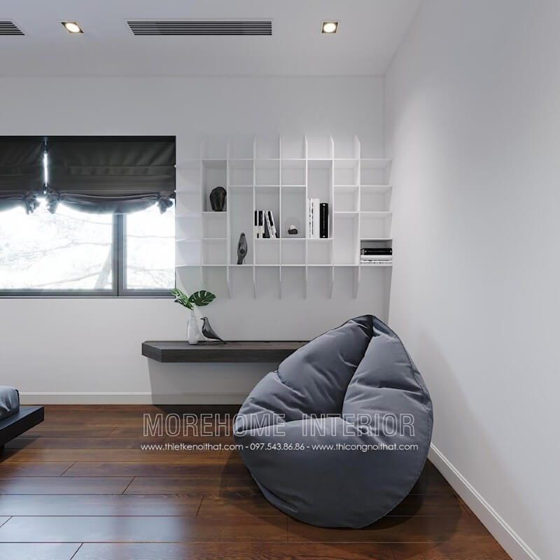 Ghế lười êm ái với kiểu dáng độc đáo cho không gian đọc sách trong phòng ngủ hiện đại.