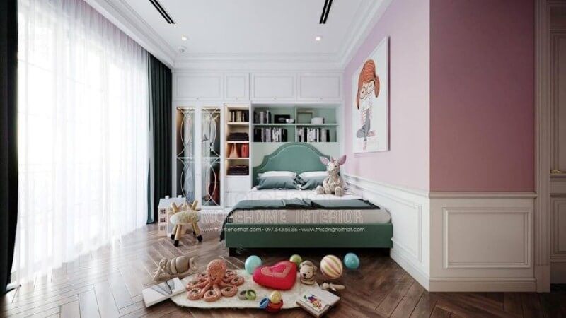 Giường ngủ bọc nệm màu xanh đẹp đáng yêu cho phòng bé gái