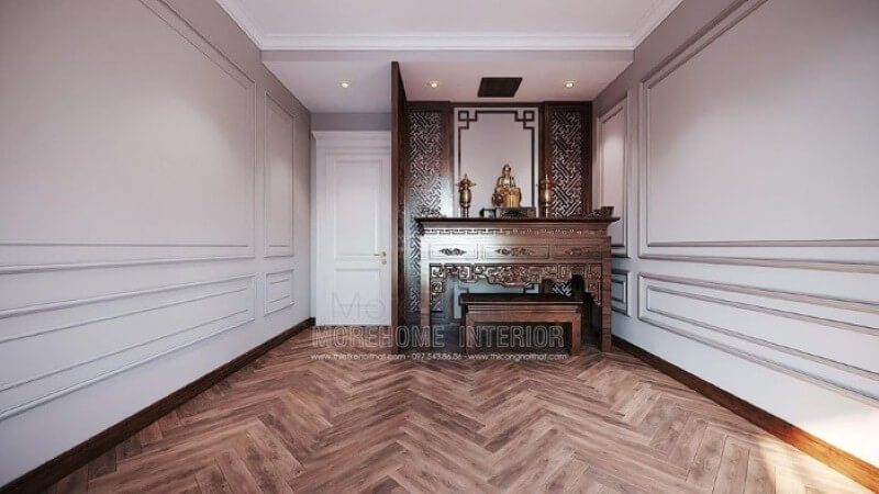 Tủ thờ kết hợp vách ngăn gỗ đẹp tạo nét trang trọng cho phòng thờ chung cư, biệt thự, nhà phố.