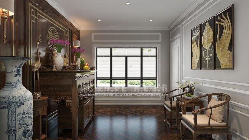Sắp xếp nội thất gỗ cao cấp cùng cách phối màu, trang trí tạo nên vẻ đẹp trang nghiệm, sang trọng cho phòng thờ.