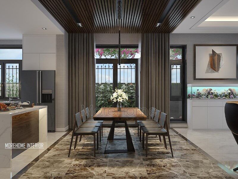 Phòng ăn hiện đại được thiết kế dành cho gia đình 6 thành viên nhưng khi cần có thể kê thêm ghế hoặc dẹp bàn trải chiếu cũng rất linh động.