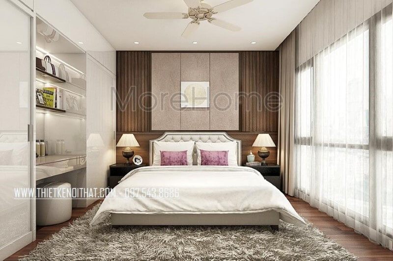 Bố trí nội thất phòng ngủ master sang trọng, độc đáo với giường ngủ hiện đại bọc nệm đẹp, tab đầu giường sắc đen phá cách cùng tường trang trí đẹp mắt.