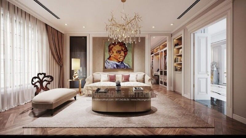 Bộ sofa đơn cao cấp cùng điểm nhấn tranh chân dung họa sĩ Van Gogh tuyệt đẹp đã tạo nên nét sang trọng, độc đáo cho phòng giải trí trong phòng ngủ.