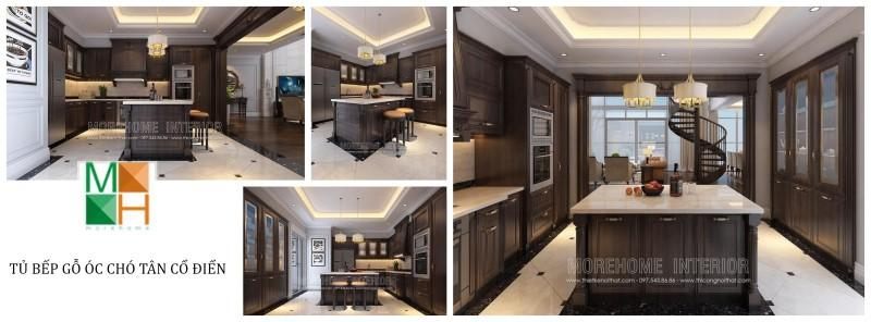 Không gian bếp đẳng cấp với mẫu thiết kế tủ bếp gỗ óc chó sẽ là một trợ thủ đắc lực giúp người giữ